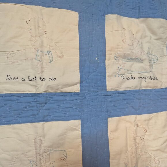 Vintage Embroidered Baby Blue & White Crib Blanket \